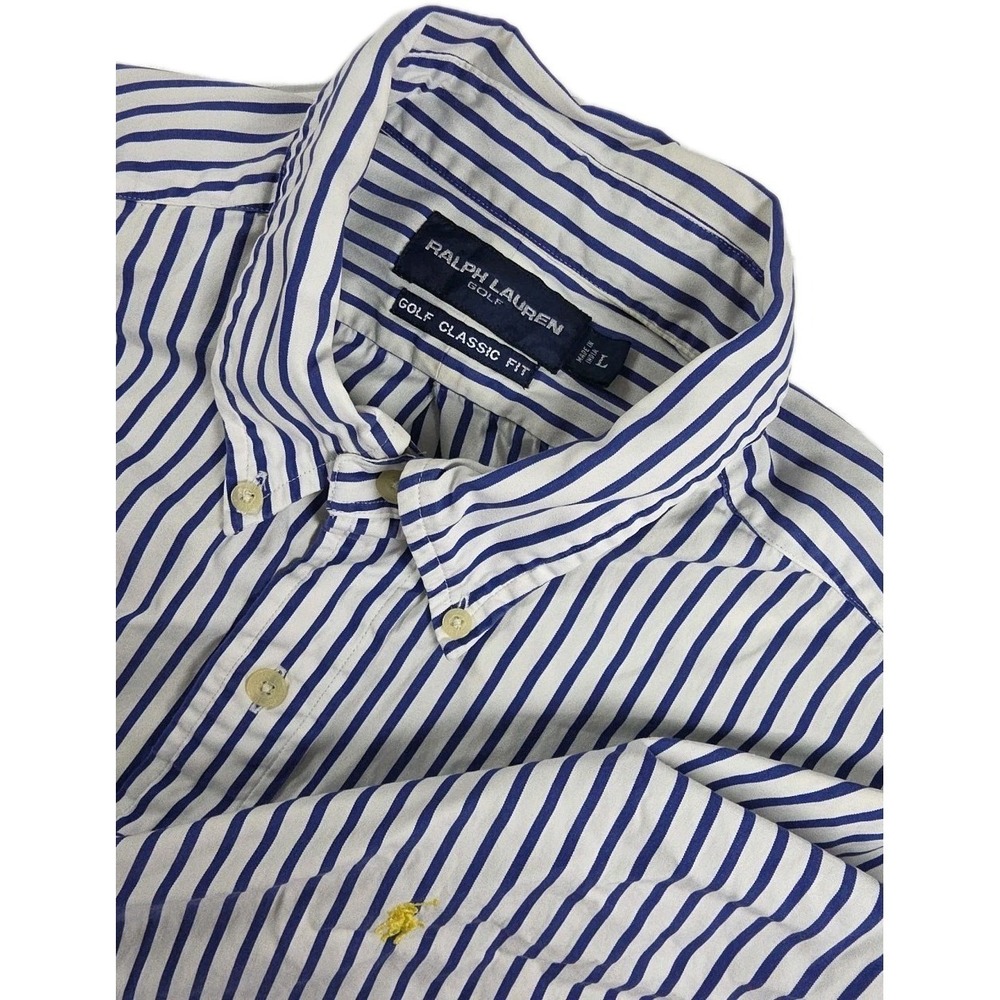 Ralph Lauren Golf Classic Fit Shirt Button Down BLUE Striped Shirt Size LARGE
